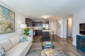 Chicago apartment for rent - A living room with a white couch and a painting on the wall.