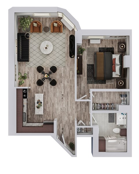 Floor plan for 1 bed, 1 bath, 715 sqft