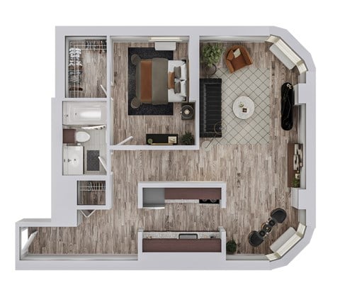 Floor plan for 1 bed, 1 bath, 707 sqft
