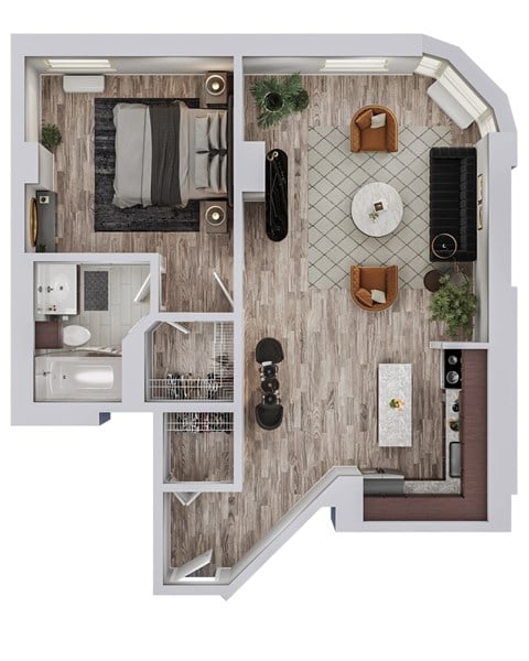 Floor plan for 1 bed, 1 bath, 655 sqft