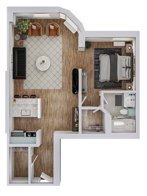 Floor plan for studio, 1 bath, 662 sqft