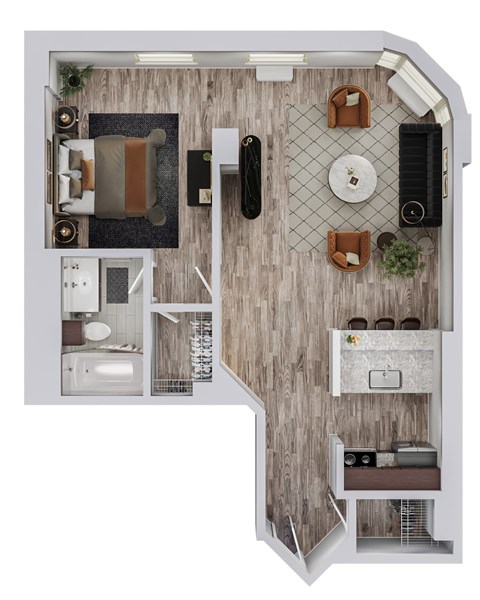 Floor plan for studio, 1 bath, 624 sqft