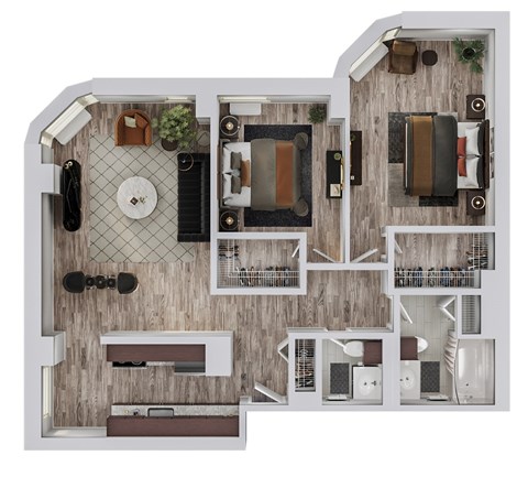 Floor plan for 2 beds, 1 bath, 946 sqft