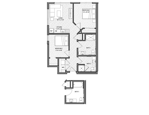 Floor plan for 2 beds, 2 baths, 814 sqft