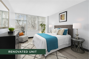 Chicago apartment for rent - A renovated bedroom with a large bed and a window with blinds.