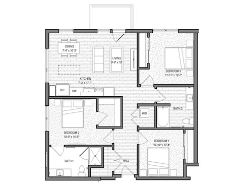 Floor plan for 3 beds, 2 baths, 1208 sqft