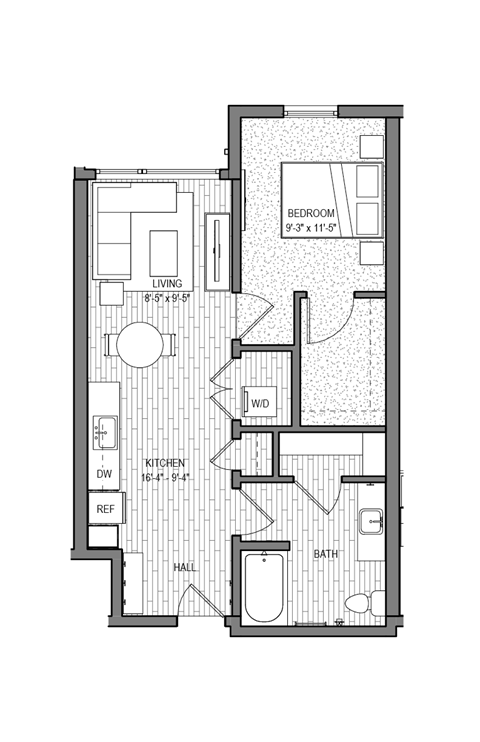 Floor plan for 1 bed, 1 bath, 632 sqft