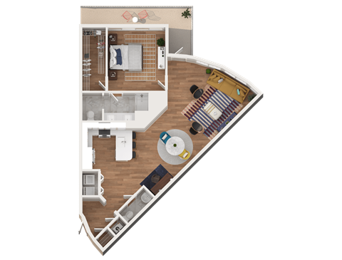 Floor plan for 1 bed, 1.5 baths, 1142 sqft