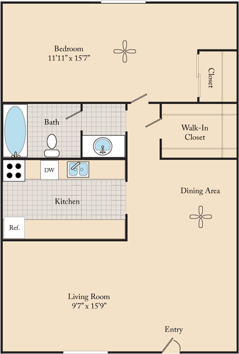 Floor plan for 1 bed, 1 bath, 650 sqft