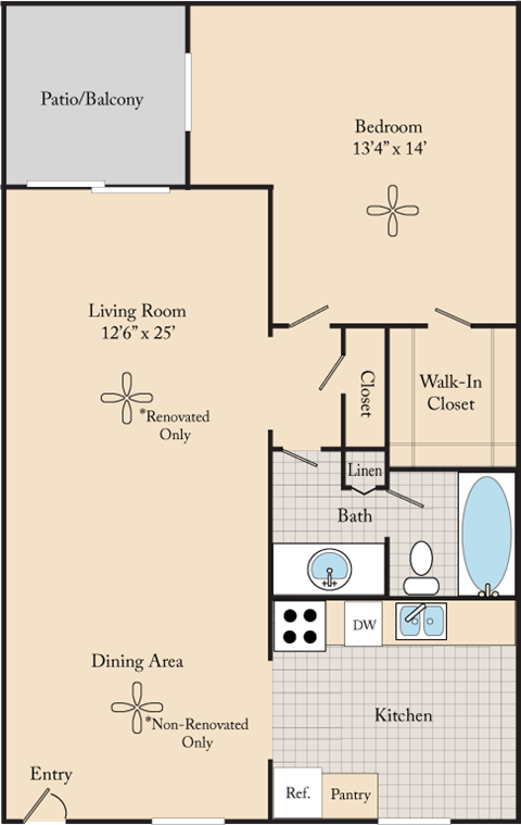 Floor plan for 1 bed, 1 bath, 820 sqft