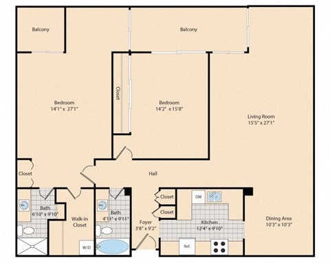 Floor plan for 2 beds, 2 baths, 1500 sqft