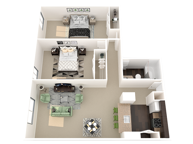 Floor plan for 2 beds, 1 bath, 945 sqft