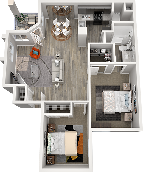 Floor plan for 2 beds, 1 bath, 840 sqft