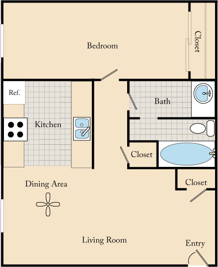Floor plan for 1 bed, 1 bath, 575 sqft