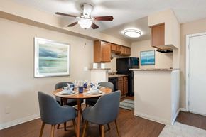 Aurora apartment for rent - an open kitchen and dining room with a table and chairs