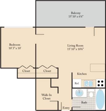 Floor plan for 1 bed, 1 bath, 550 sqft