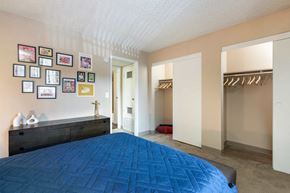 Aurora apartment for rent - a bedroom with a blue bed and a closet