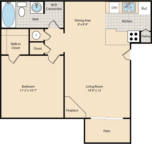 Floor plan for 1 bed, 1 bath, 610 sqft