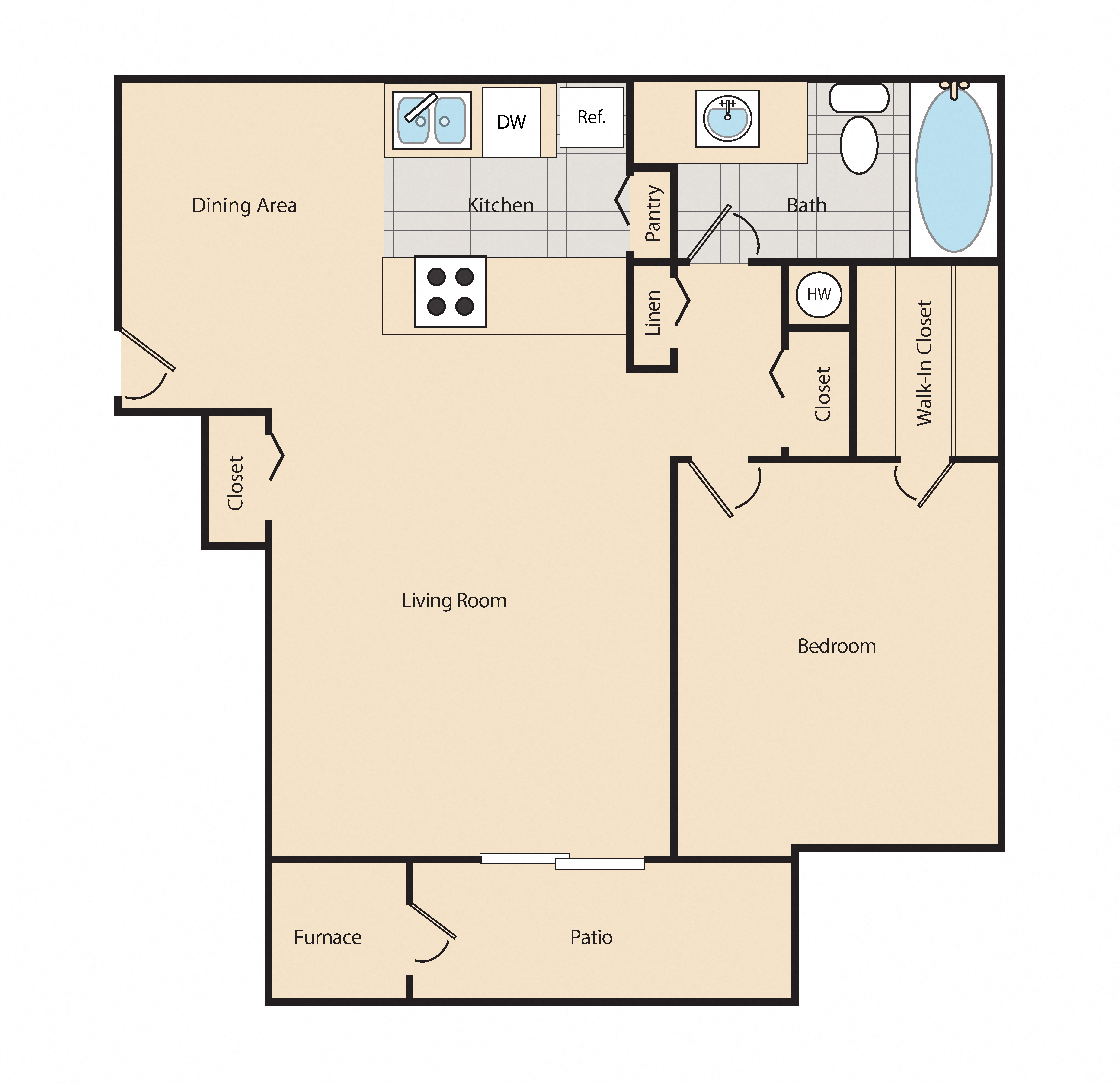 Floor plan for 1 bed, 1 bath, 624 sqft