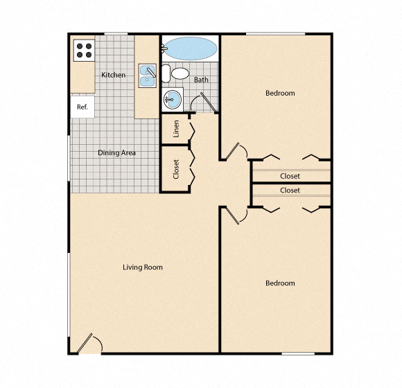 Floor plan for 2 beds, 1 bath, 732 sqft