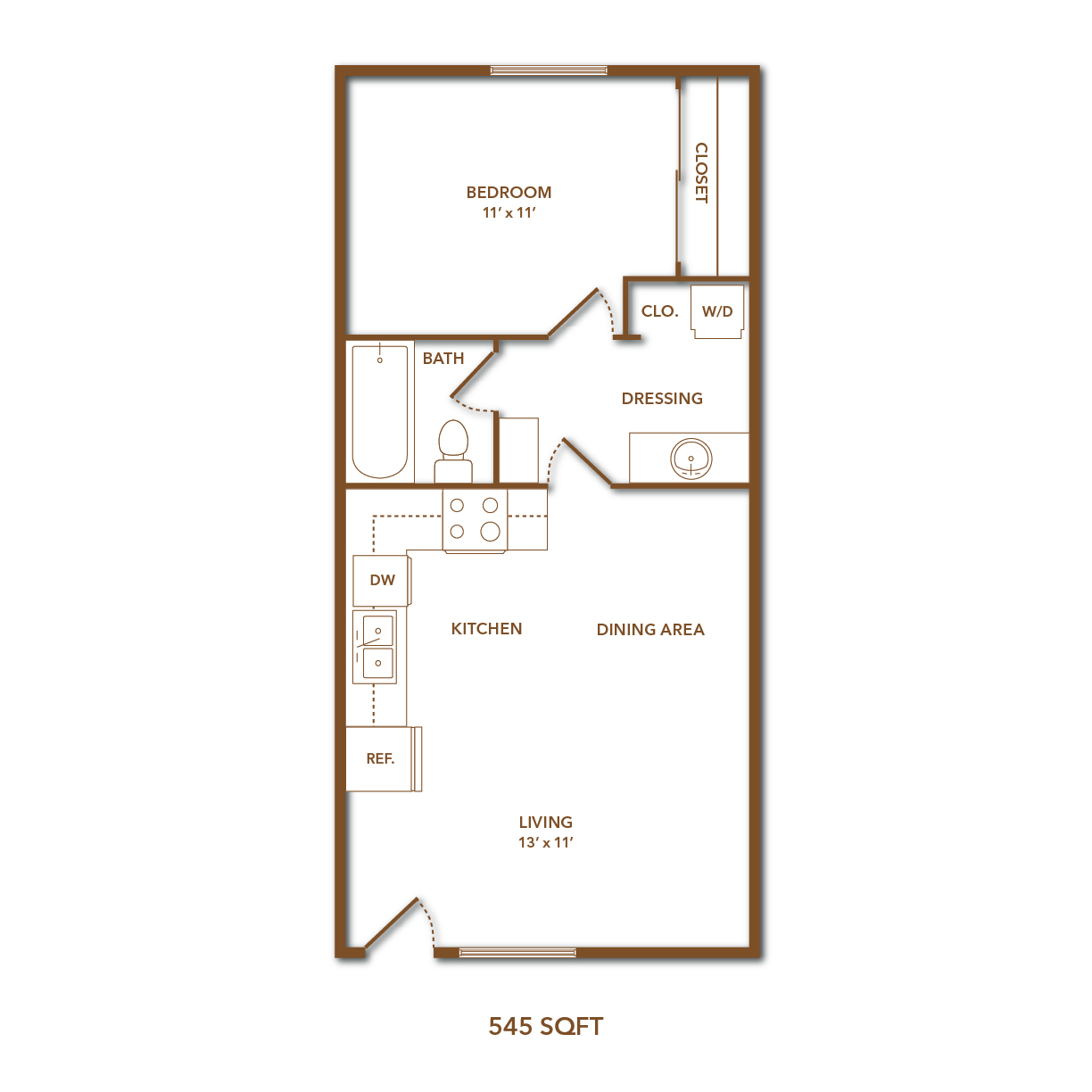 Floor plan for 1 bed, 1 bath, 545 sqft