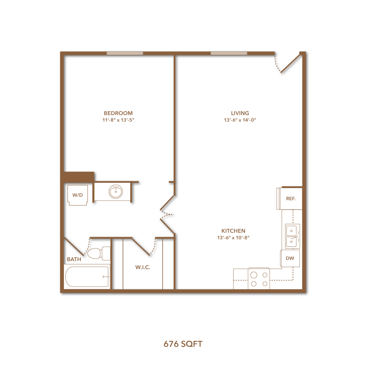 Floor plan for 1 bed, 1 bath, 676 sqft