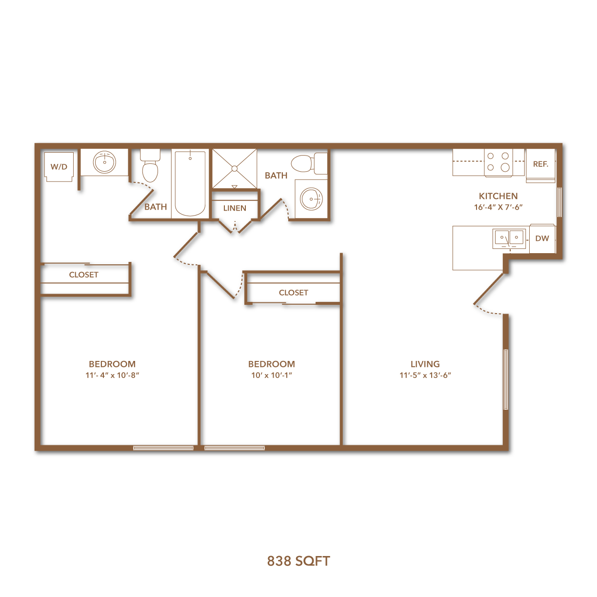 Floor plan for 2 beds, 2 baths, 838 sqft