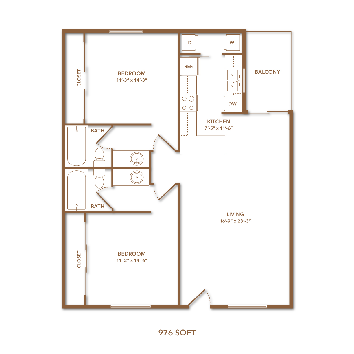 Floor plan for 2 beds, 2 baths, 976 sqft