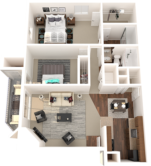 Floor plan for 2 beds, 2 baths, 1040 sqft