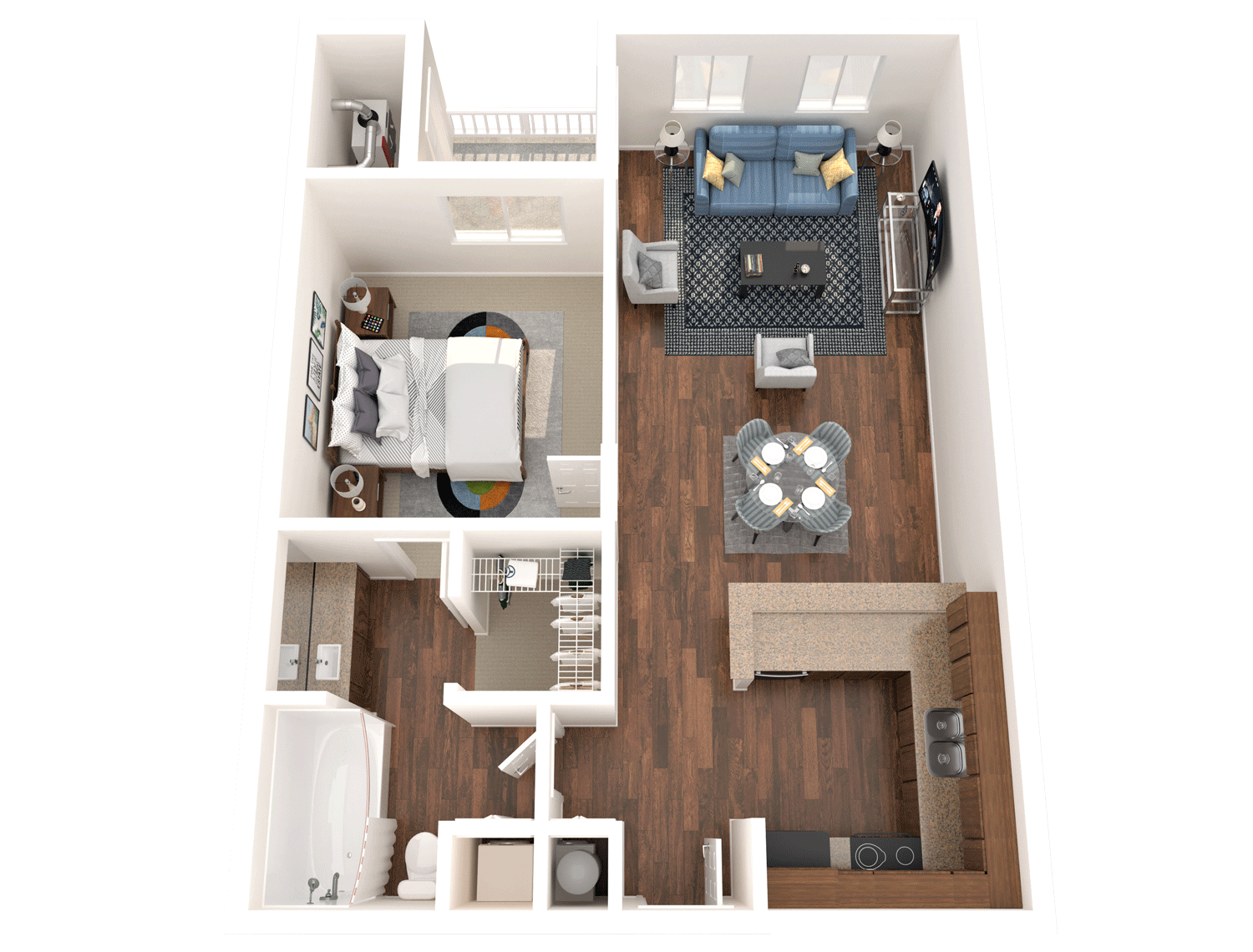 Floor plan for 1 bed, 1 bath, 642 sqft