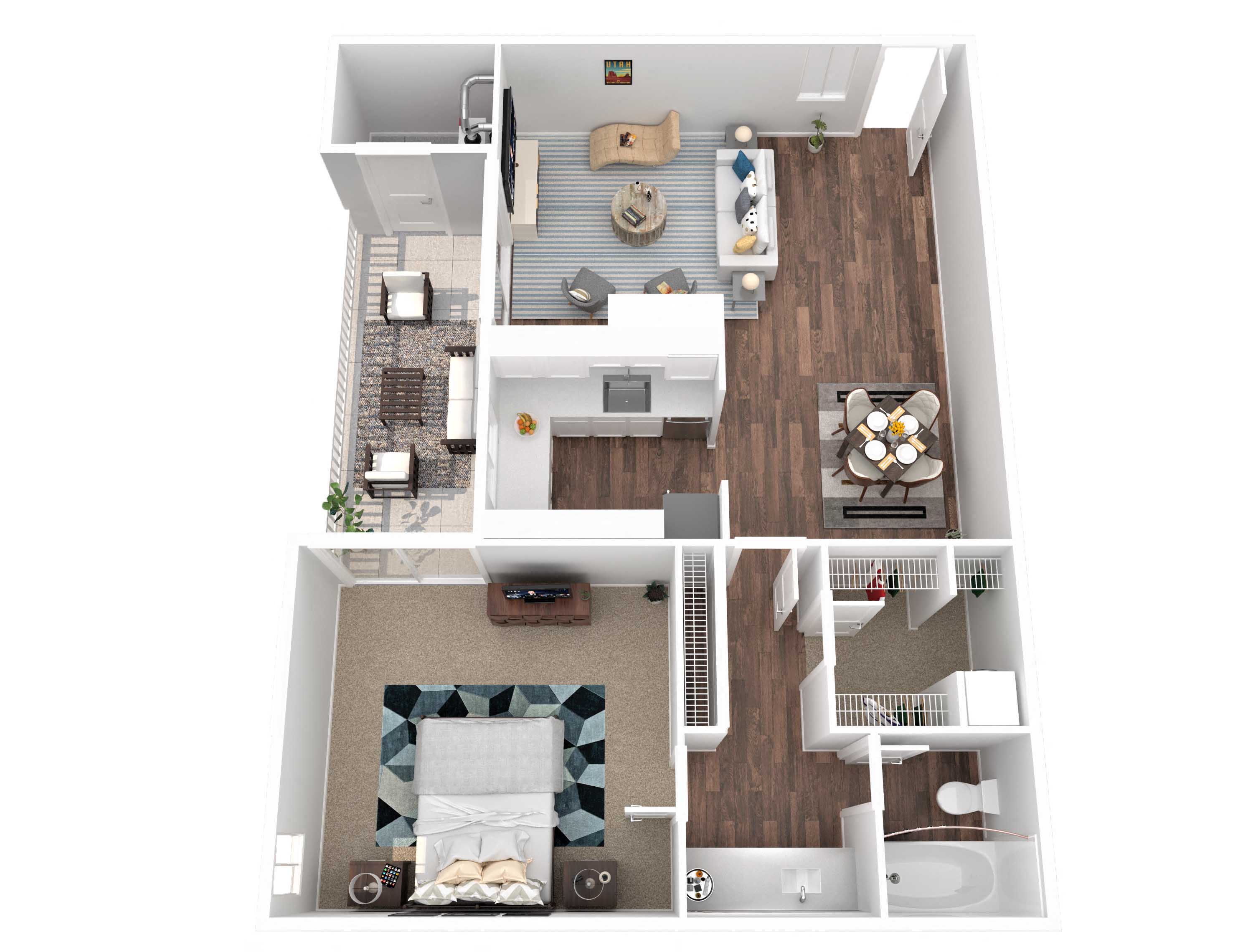 Floor plan for 1 bed, 1 bath, 743 sqft