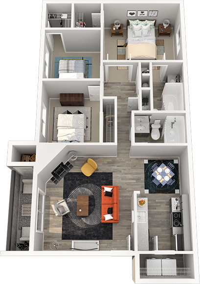 Floor plan for 3 beds, 2 baths, 1062 sqft