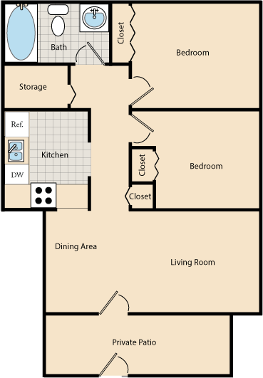 Floor plan for 2 beds, 1 bath, 750 sqft