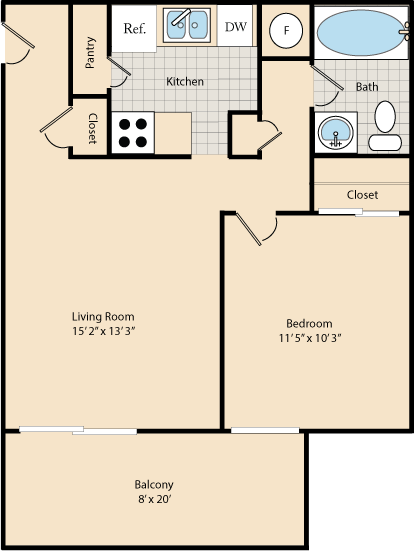 Floor plan for 1 bed, 1 bath, 560 sqft