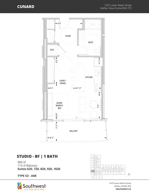 Floor plan for studio, 1 bath, 560 sqft