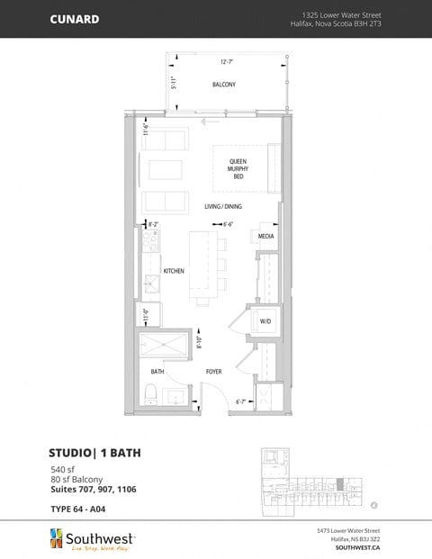 Floor plan for studio, 1 bath, 540 sqft