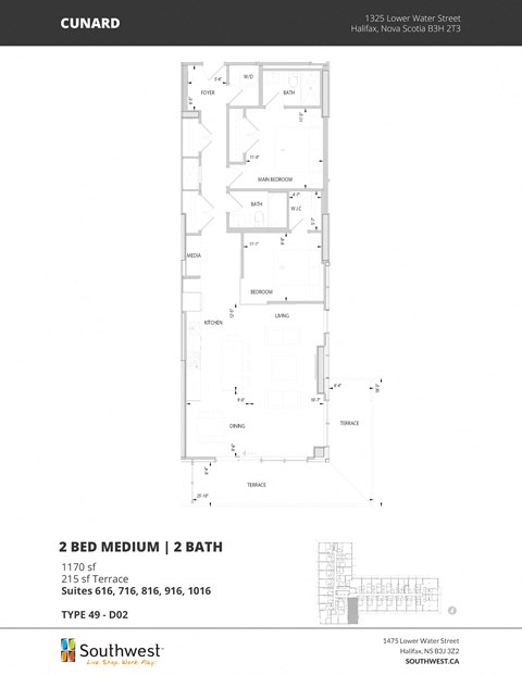Floor plan for 2 beds, 2 baths, 1170 sqft