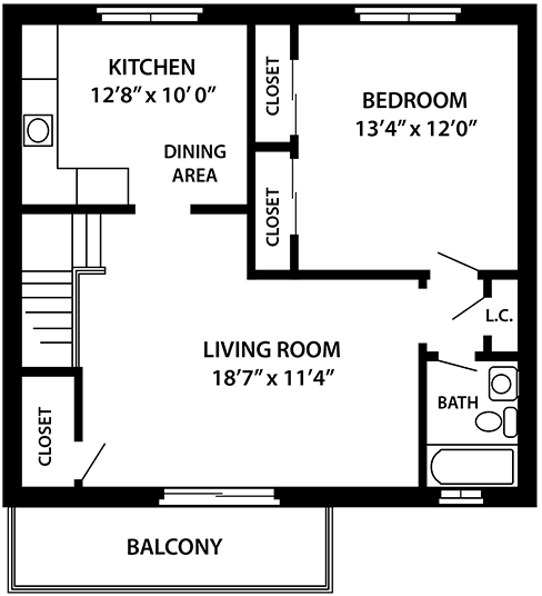 Floor plan for 1 bed, 1 bath, 742 sqft