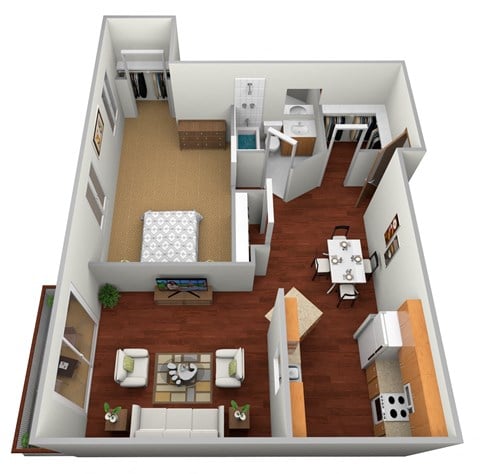 Floor plan for 1 bed, 1 bath, 750 sqft