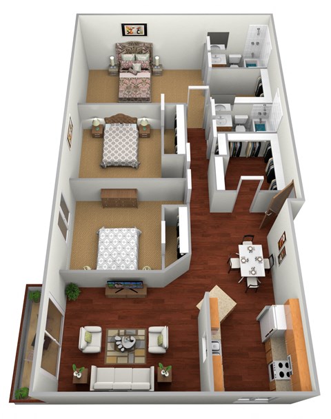 Floor plan for 3 beds, 2 baths, 1250 sqft