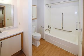 Hudson apartment for rent - a bathroom with a toilet and a tub and a sink at Aspen Apartments, Wisconsin