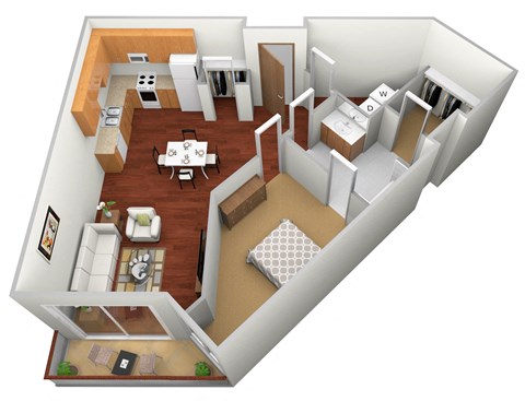 Floor plan for 1 bed, 1 bath, 869 sqft