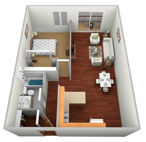Floor plan for 1 bed, 1 bath, 557 sqft