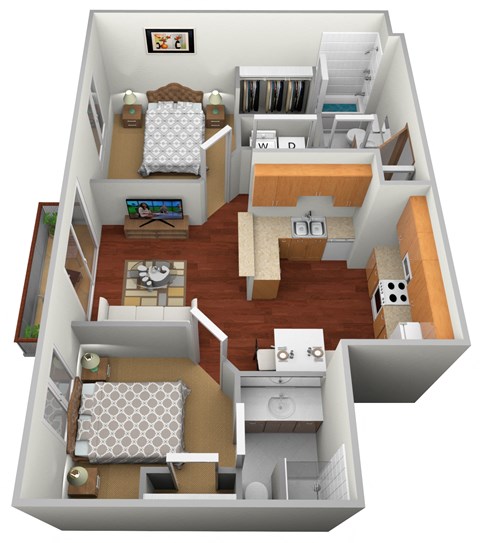 Floor plan for 2 beds, 2 baths, 834 sqft
