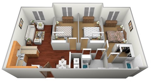Floor plan for 3 beds, 2 baths, 998 sqft