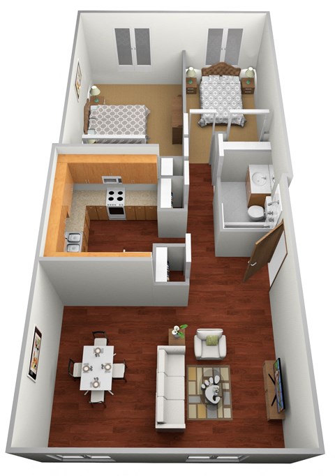 Floor plan for 2 beds, 1 bath, 857 sqft