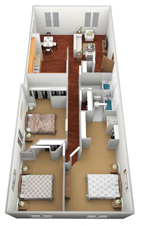 Floor plan for 3 beds, 2 baths, 1024 sqft
