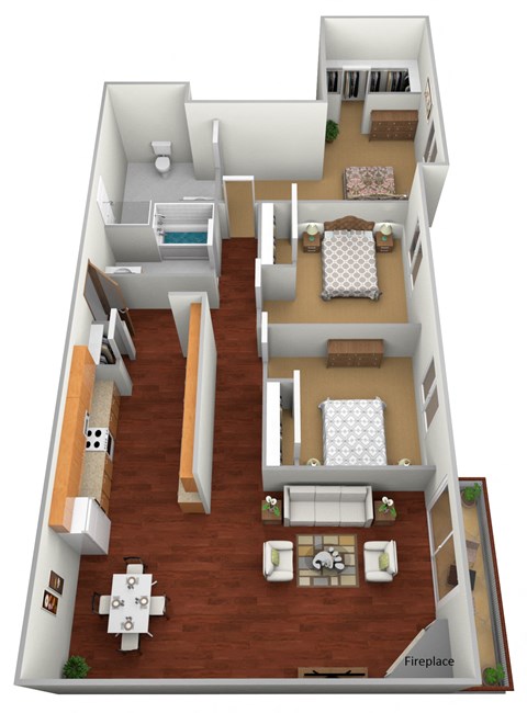 Floor plan for 3 beds, 2 baths, 1287 sqft