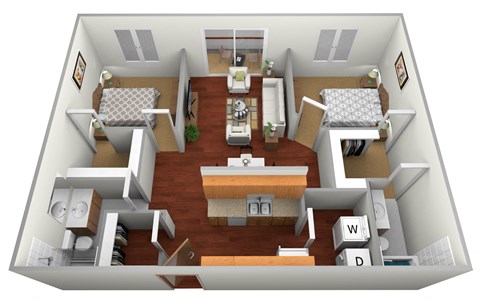 Floor plan for 2 beds, 2 baths, 1000 sqft