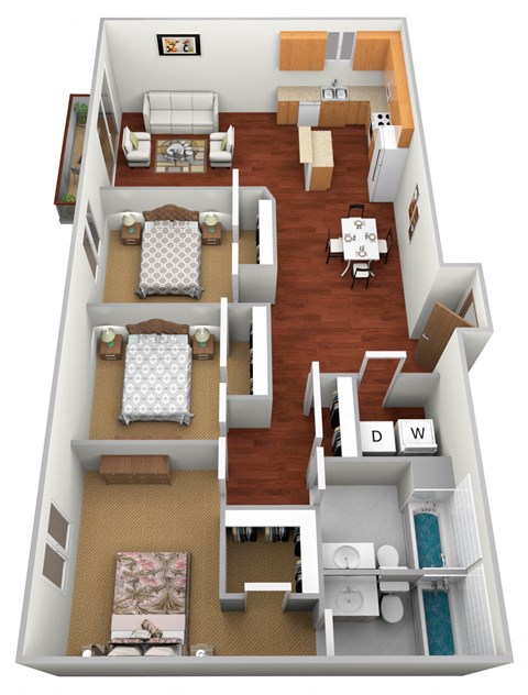 Floor plan for 3 beds, 2 baths, 1250 sqft